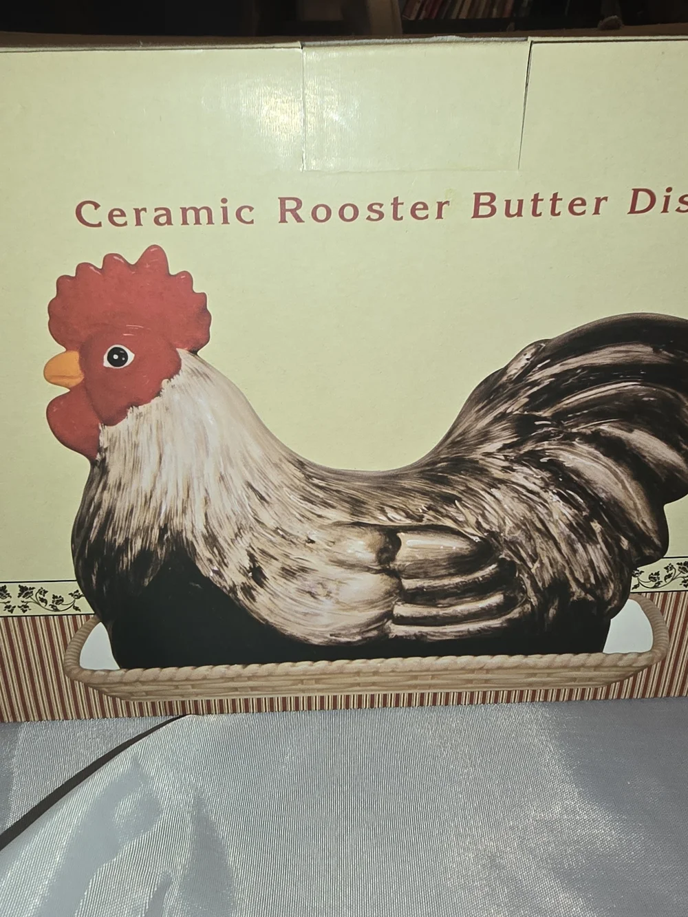 Ceramic Rooster Butter Dish - Red, White, Black-NEVER OPENED